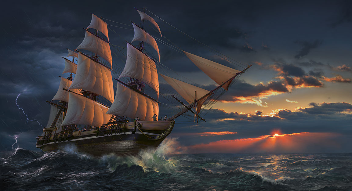 "Clearing Storm" book cover illustration of a tall-masted ship by Brad Fraunfelter.