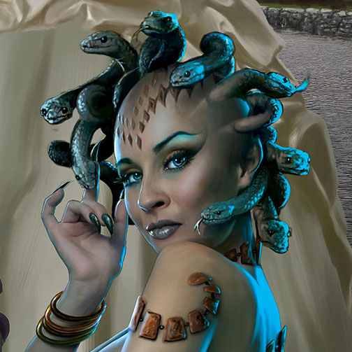 Closeup of the "gorgon" from the Schooled in Magic poster.