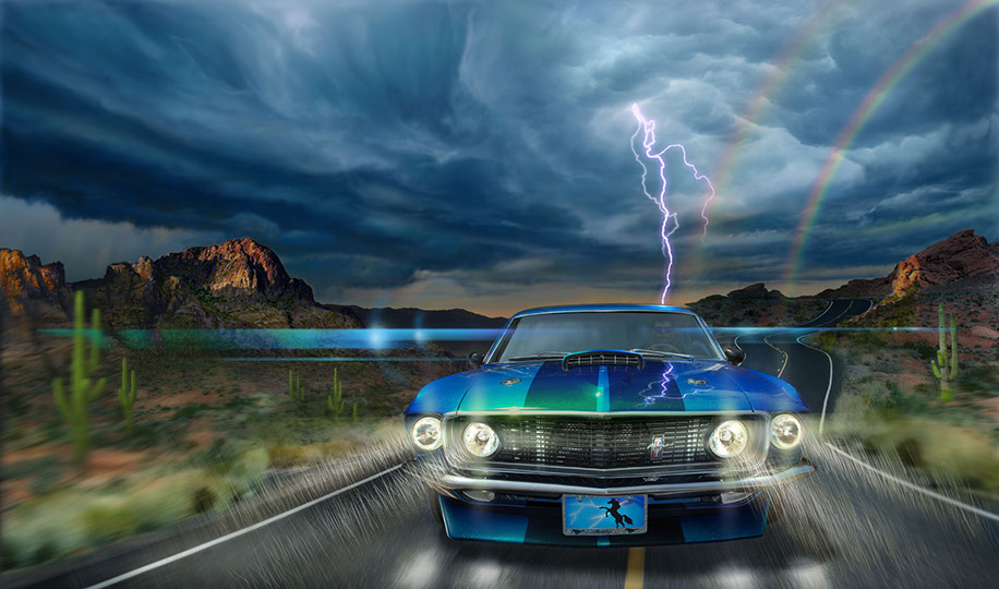 Digital illustration of a 1960 Mustang "On the Open Road" by Brad Fraunfelter