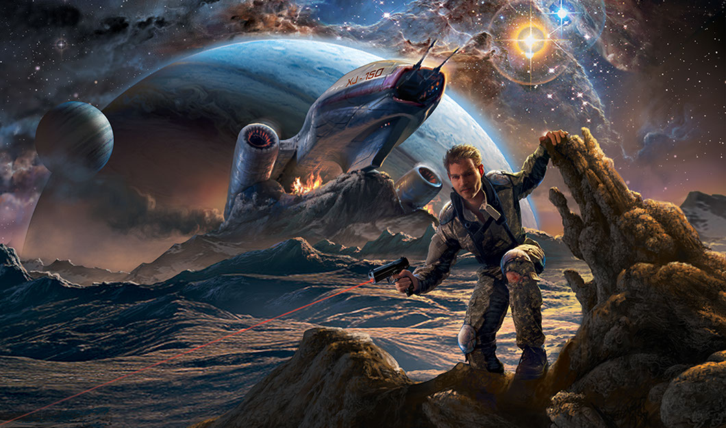 "Under Strange Suns" book cover illustration by Brad Fraunfelter, closeup shot.